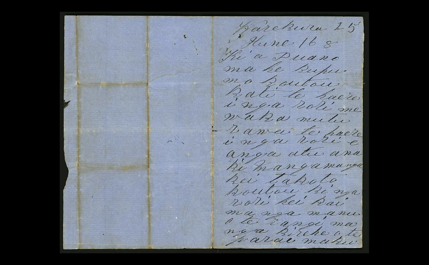 Colour photo of a letter written in 1868 by Ngāti Ruanui rangatira Riwha Tītokowaru in te reo Māori. It shows the first page of the letter.