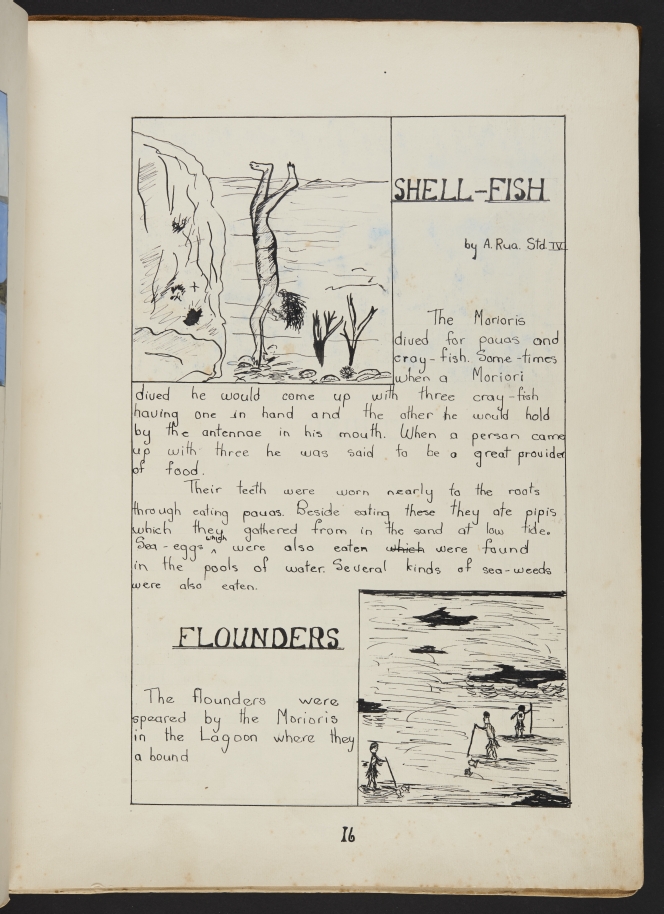Page about shellfish, showing an illustration of a man diving to collect them.