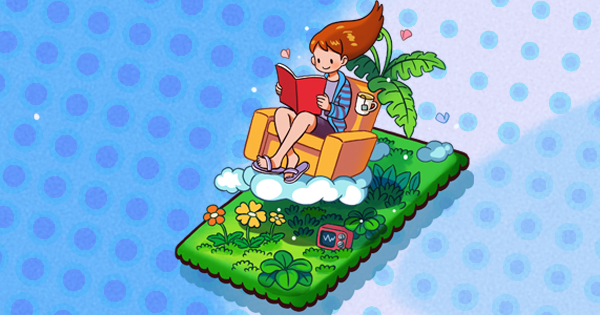 Cartoon character reading. They are sitting in a chair, on a cloud, on a magic carpet of grass and flowers. 