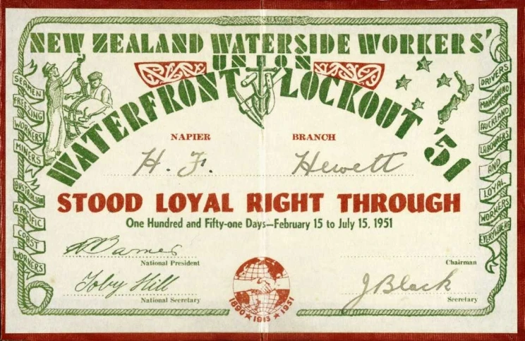 Arrangement of text with a border of rope, and a picture at top left of two waterside workers at work.