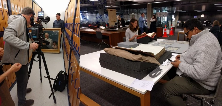 Side by side images showing a film crew filming a large, framed oil painting on the left and a scene from the reading room on the right, showing staff perusing collection items.