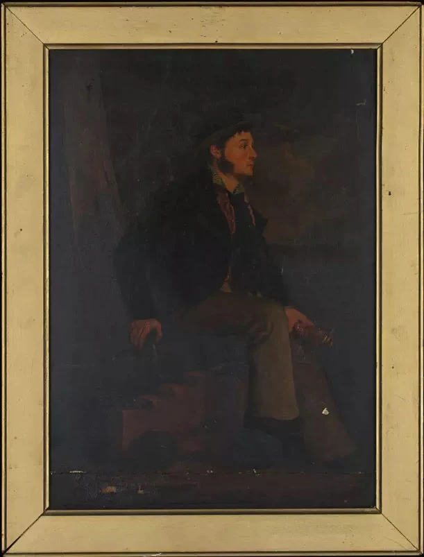 Oil painting depicting a dimly-lit scene of a man, seated, wearing a black hat and with large sideburns.
