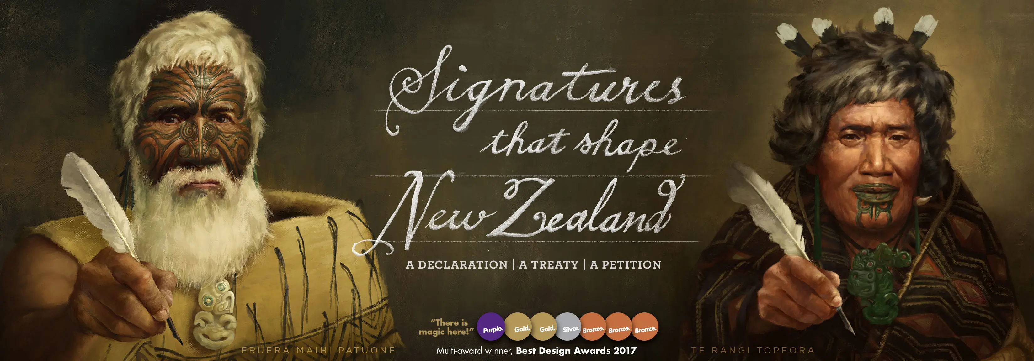 Signatures that shape New Zealand. Shows Patuone and Te Rangi Topeora, offering the pens they signed with.