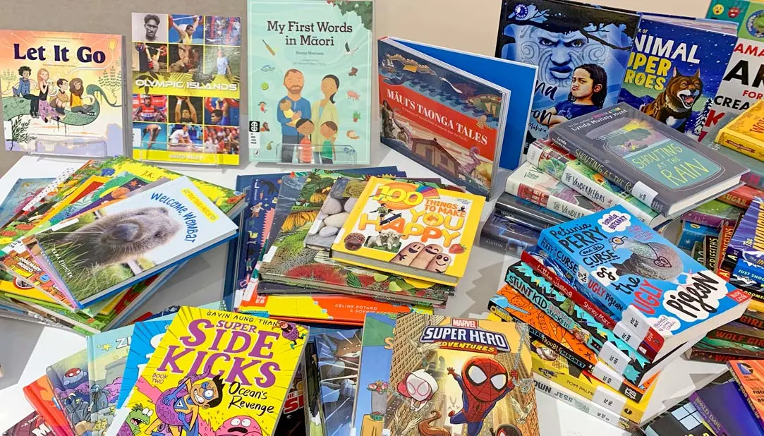 Photo showing a selection of books on display available through the National Library's school lending service.