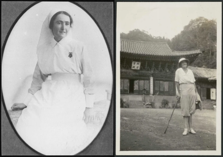Two portraits side by side, one of a woman wearing a white nursing uniform and on the right a man leaning against a cane somewhere in China.