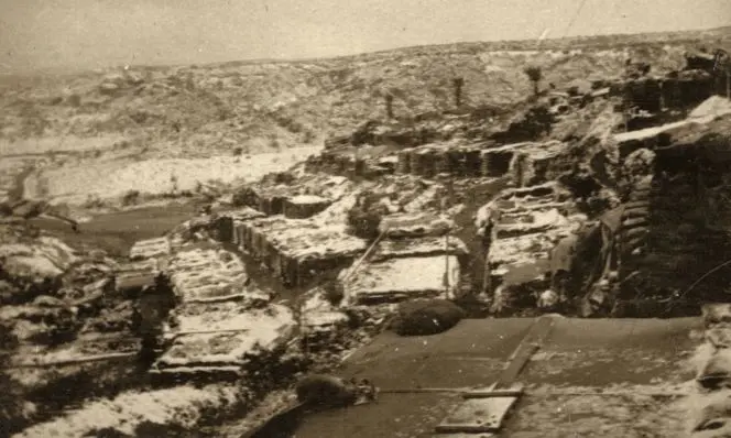 Rows of dugouts (around No 1 Outpost) on Gallipoli under the winter snow November/December 1915.