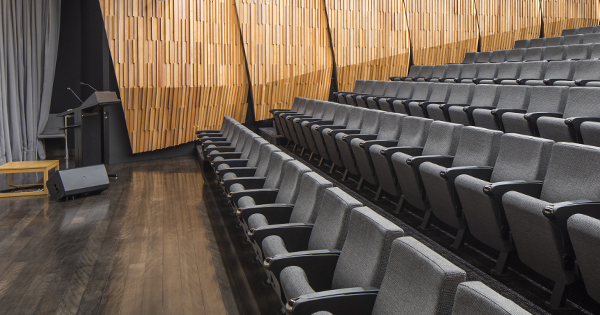 Seating and wooden panelling in Tiakiwai auditorium.