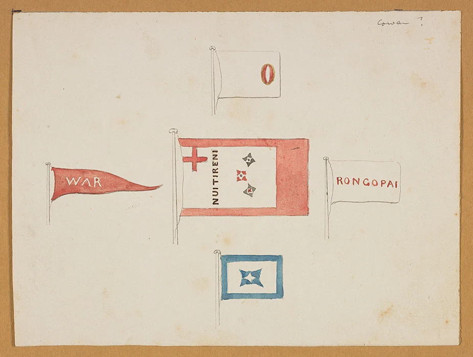Colour drawing of 5 flags with 3 showing the inscriptions — War, Rongopai, and Nuitireni.