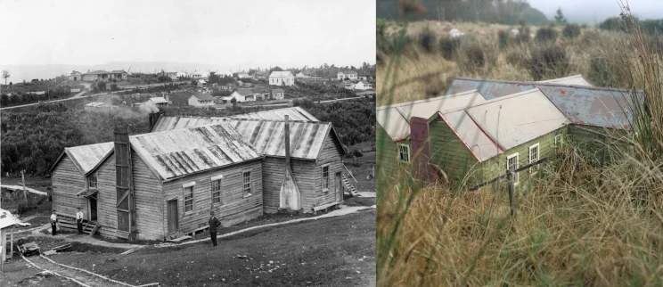 Two images side by side, on the left is a photograph of the wooden building and on the right is a small wooden model, with tall grass growing around it.