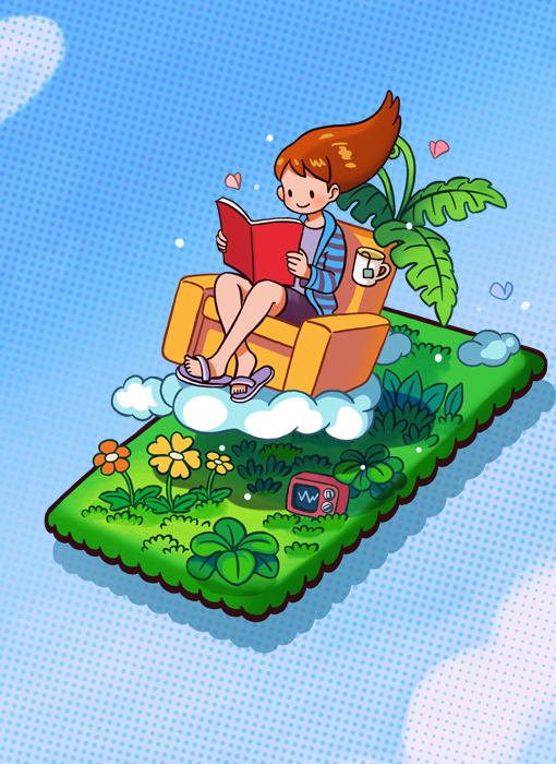 Cartoon character reading. They are sitting in a chair, on a cloud, on a magic carpet of grass and flowers. 