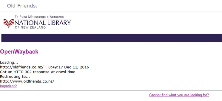 Screenshot of 'loading' message on archived copy of Old Friends.