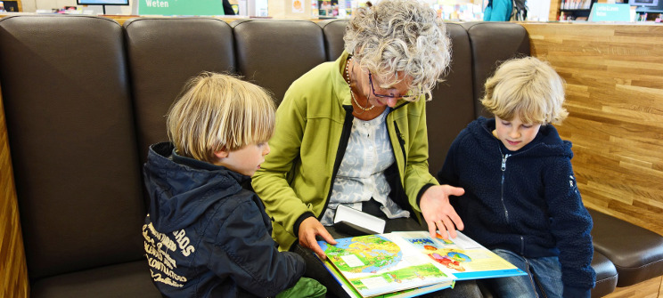Grandmother reading a book with two young boys