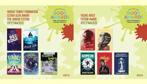 2 posters for NZ Book Awards for Children and Young Adults 2021 finalists — Wright Family Foundation Esther Glen Award for Junior Fiction and Young Adult Fiction Award. Both show finalists' book covers and #NZCYA.