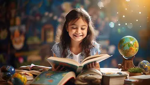 Girl smiling and reading a book on a desk with other books and globes.
