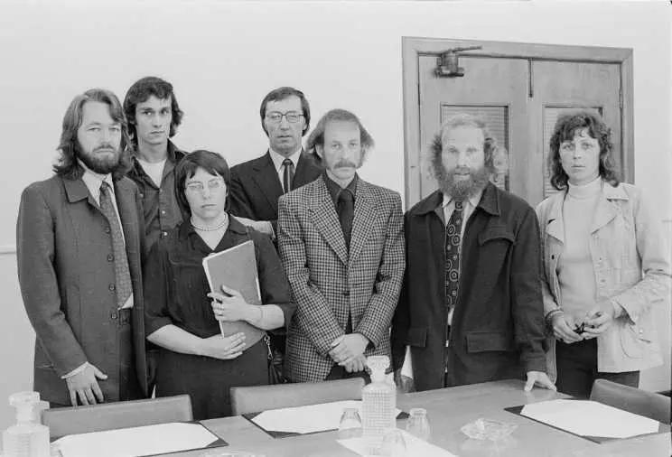 Members of Gay Liberation with Crimes Amendment Bill, 1974.