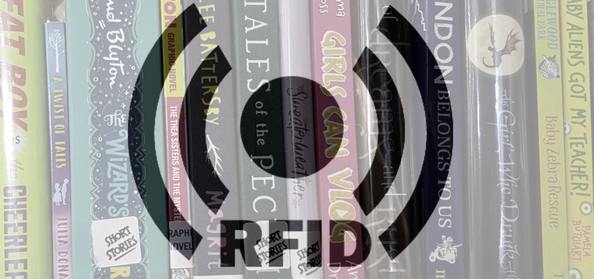 RFID graphic overlaying shelves of library books