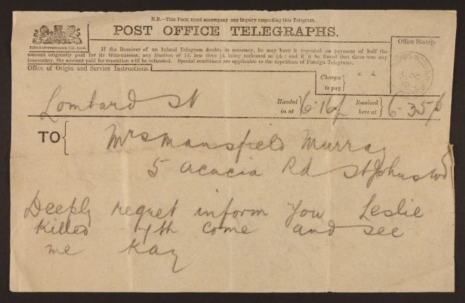 Telegram informing Mansfield of Beauchamp's death. Ref: MS-Papers-7224-05.