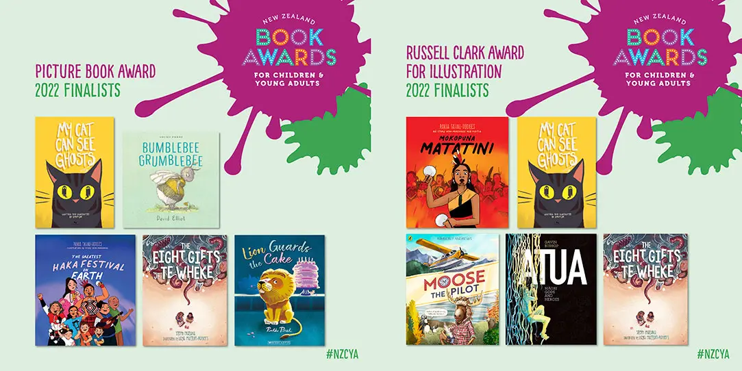 Posters showing the New Zealand Book Awards for Children and Young Adults (NZCYA) finalists for Picture Book Award and Russell Clark Illustration Award in 2022.