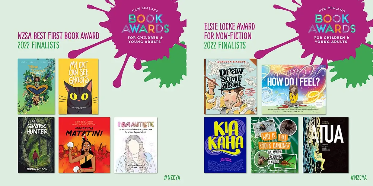 Posters showing the New Zealand Book Awards for Children and Young Adults (NZCYA) finalists for Best First Book and Elsie Locke Award For Non-fiction.