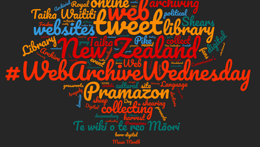 Wordcloud that includes the words New Zealalnd #WebArchiveWednesday, tweet, archive and websites. 