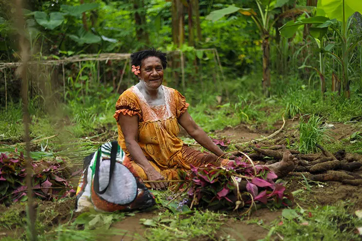 A smiling Pacific woman sitting in a field with a bag and some plants beside her.