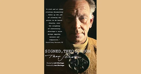 Photo of a man with half his face in shadow, and text on a black background including the words 'Signed, Theo Schoon'.