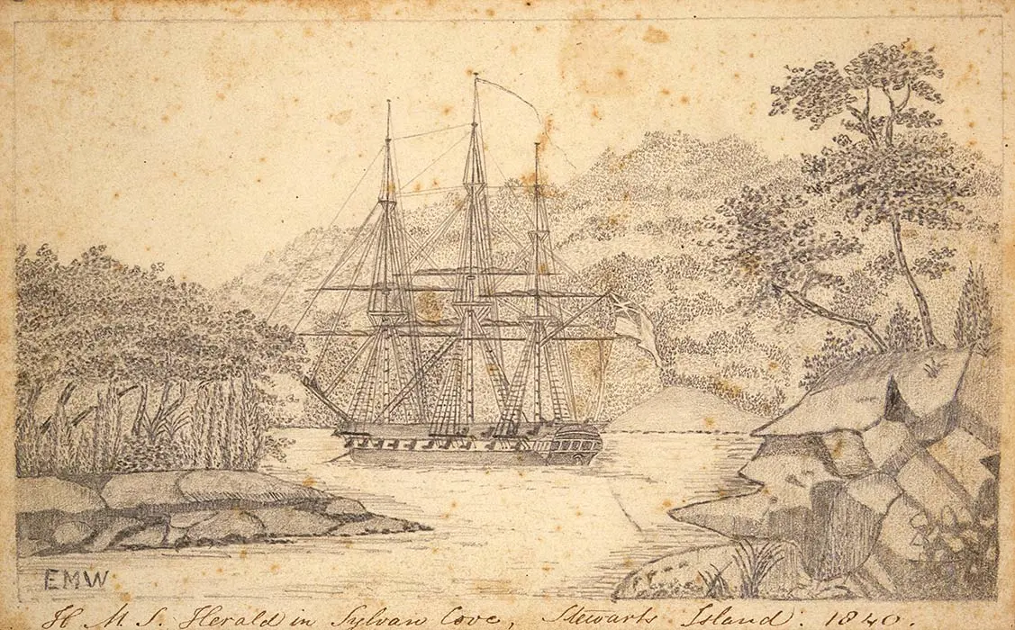 Black and white drawing of the HMS Herald sailing in Sylvan Cove, surrounded by rocks and bush.