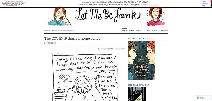 Screenshot of top of Sarah Laing's blog ‘Let me be Frank’