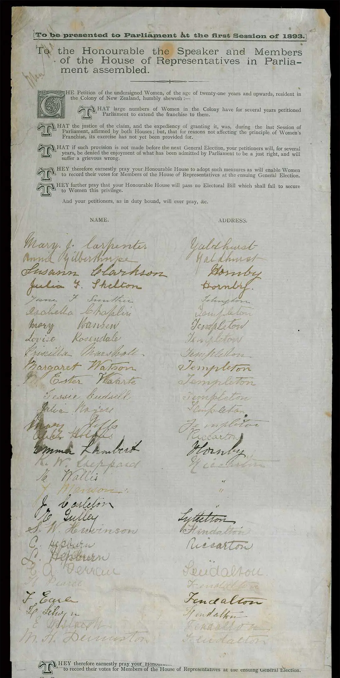 The first sheet of the Women’s Suffrage Petition | Te Petihana Whakamana Pōti Wahine. At the top is the petition's address to Parliament. Below the address is a list of handwritten signatures including the signatories’ names and addresses.