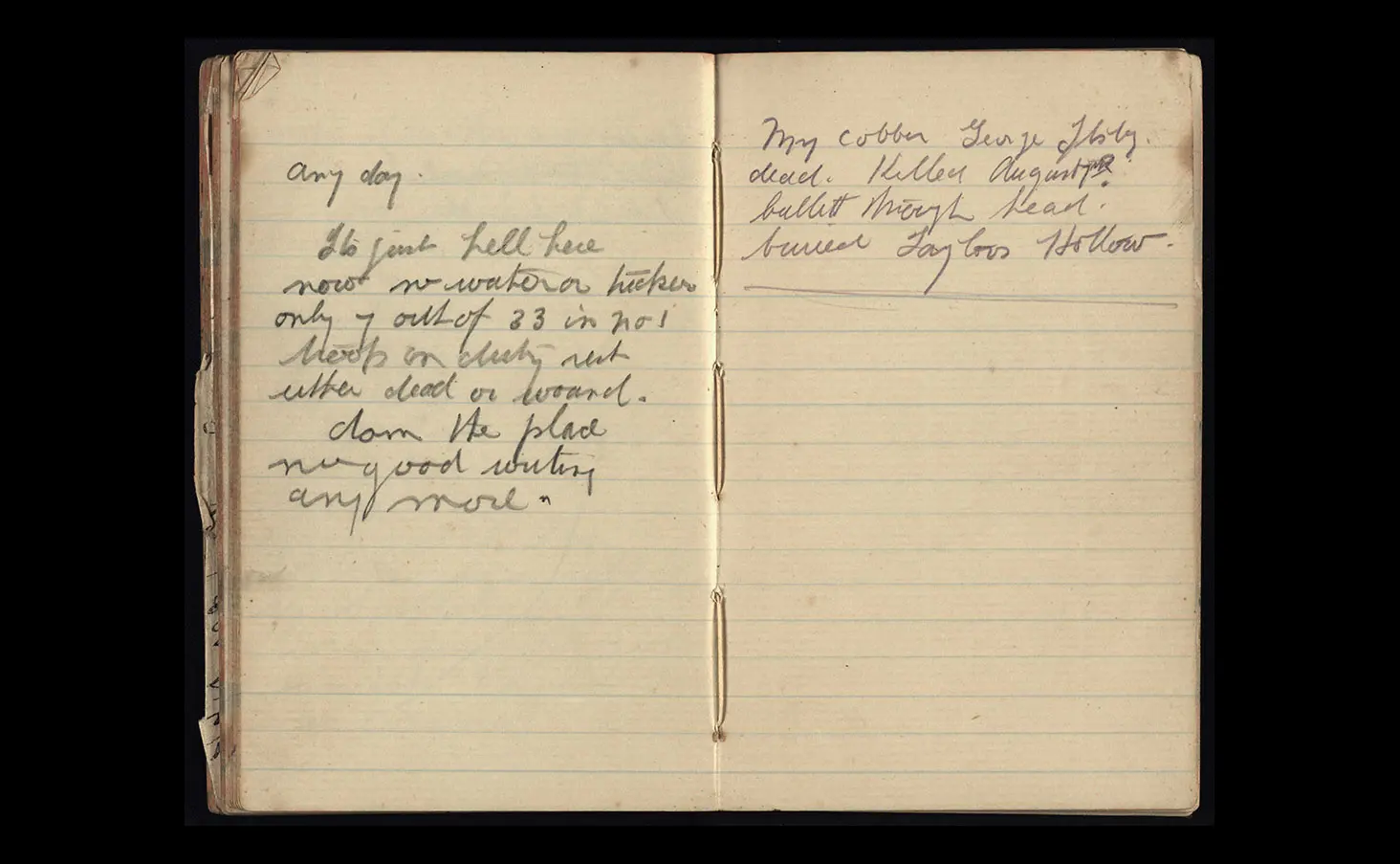 Colour photo of Alfred Edward Cameron's diary detailing his experiences in WW1. It shows the last entries written in pencil.
