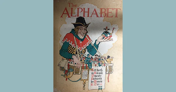 Book cover of 'The Alphabet' with an illustration of a large man carrying a group of tiny people in a basket.