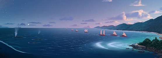 Colour artwork of the Pacific Ocean, showing a fleet of waka sailing towards the coastline.