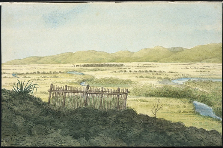 Watercolour painting looking west over the Wairau Plain (with the Tuamarina Stream winding across it) from the fenced grave of Pākehā killed in the 'Wairau Affray.'