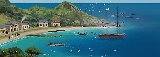 Colour artwork showing 2 waka beside a European ship moored in the bay of an early European settlement.