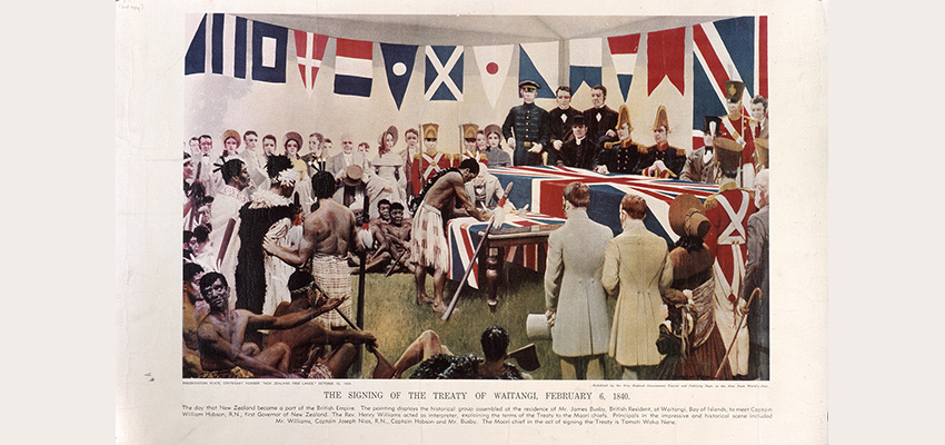 Painting by Marcus King showing a Māori chief Tāmati Wāka Nene in the act of signing the Treaty, surrounded by dignitaries (Māori and Pakeha), in a tent decorated with flags