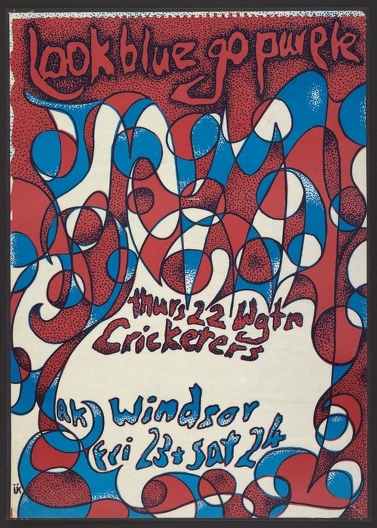 Colourful blue and red gig poster for Look Blue Go Purple.