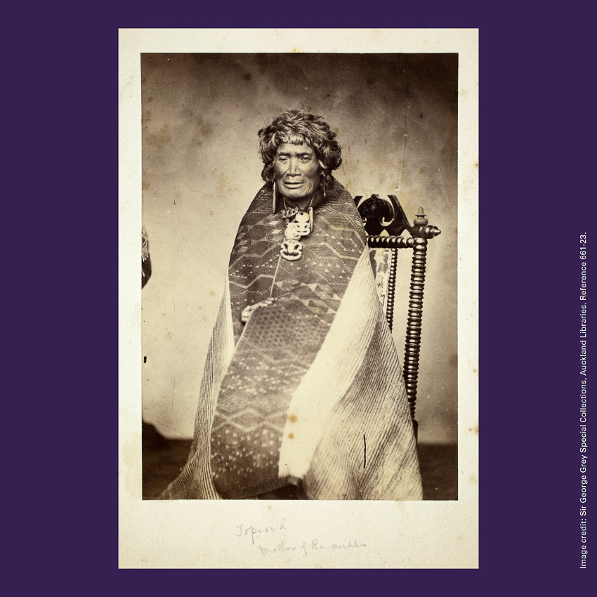 Front of curiosity card CC0008, with a portrait image of Te Rangitopeora seated and wearing a Maori cloak