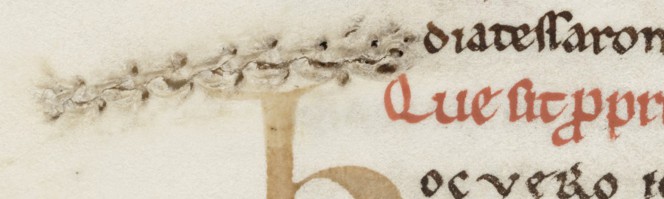Detail of f.75v, showing a stitched hole
