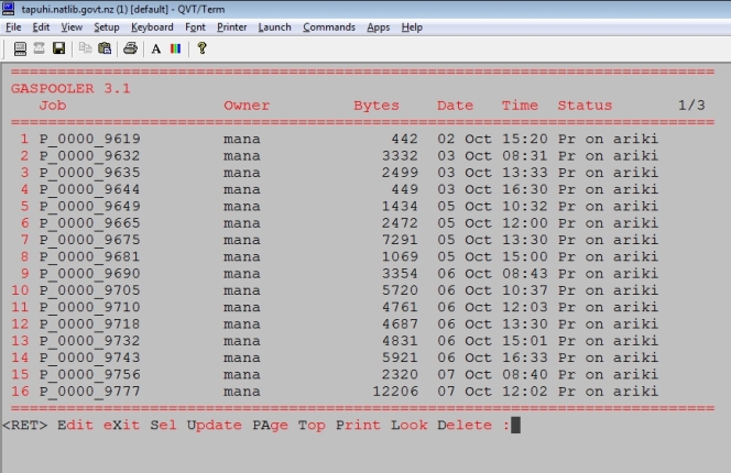 A view of TAPUHI's spooler that records commands sent to the printer.