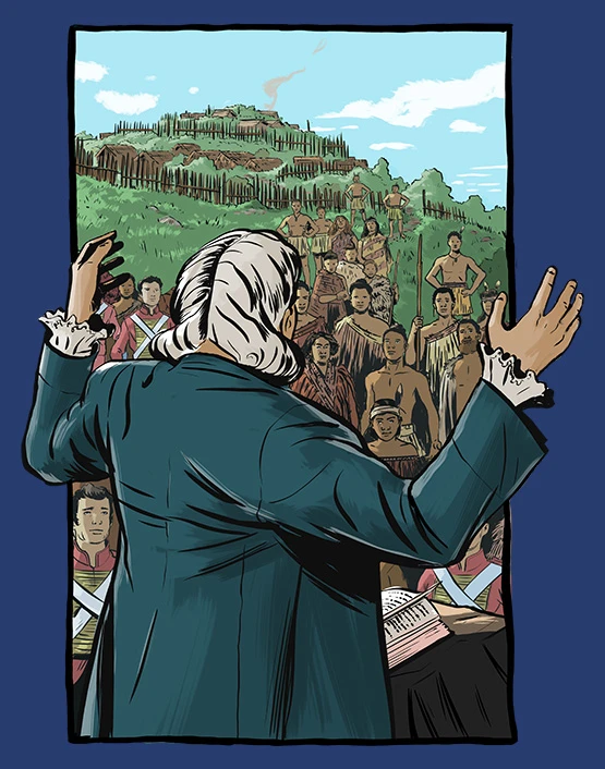 Colour illustration of a missionary speaking to a Māori and European group in front of a pā.