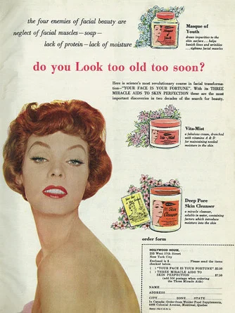 Vintage 1950s magazine advertisement, Hollywood House Facial Beauty Products, 1957. 