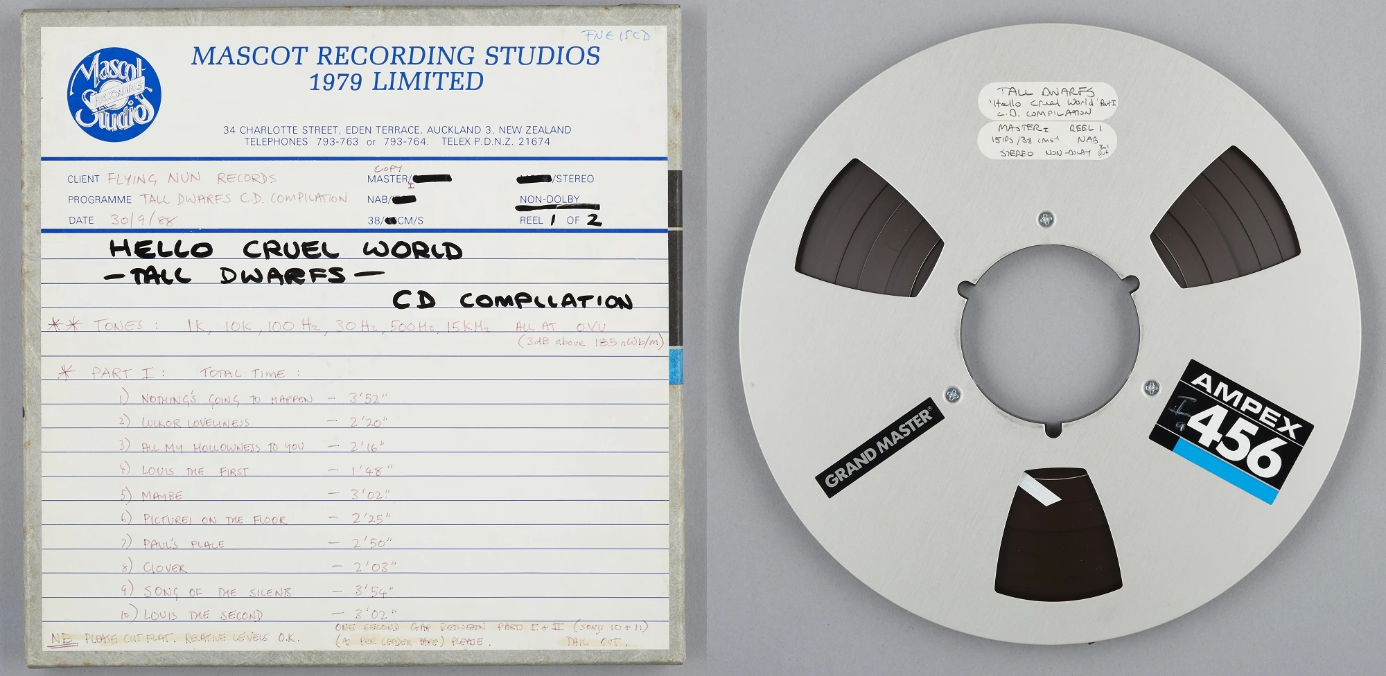 A tape next to its container with track listing written alongside notes to mastering engineer. 