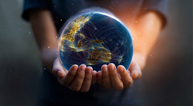 Two hands holding a world.