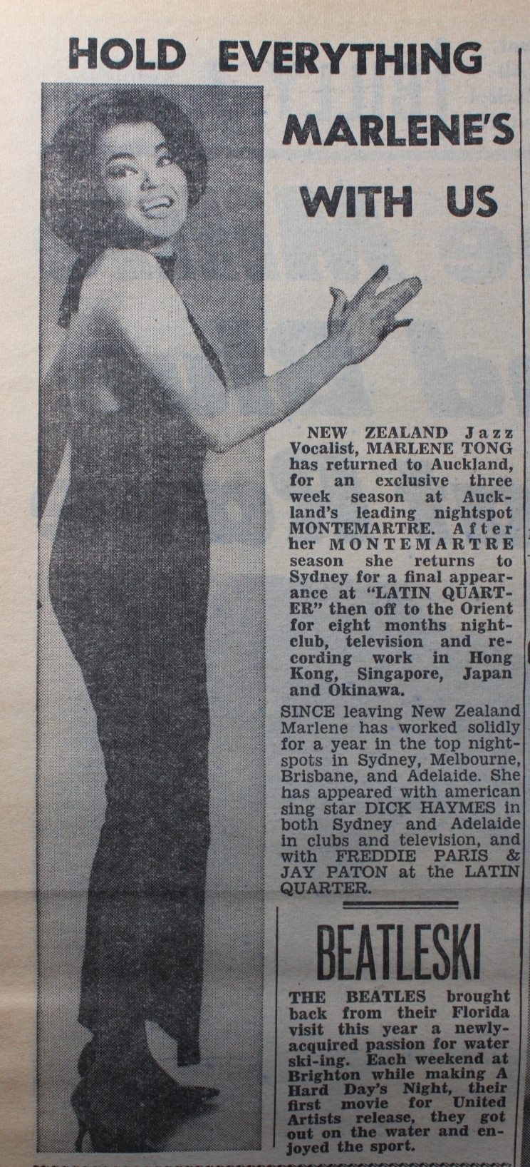 Full length photo of Marlene Tong wearing a long, black dress, accompanies an article about her appearances in Auckland at the Montemarte nightclub.