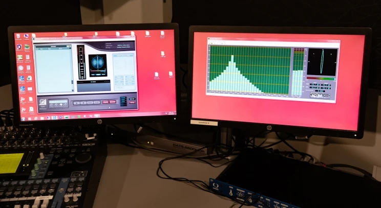 Two monitors side by side showing the digital audio capture software used in digitisation of audio.