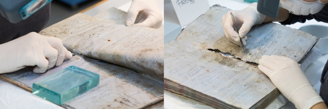 Book Conservator Laura Mirebeau separating the stuck pages of the book.