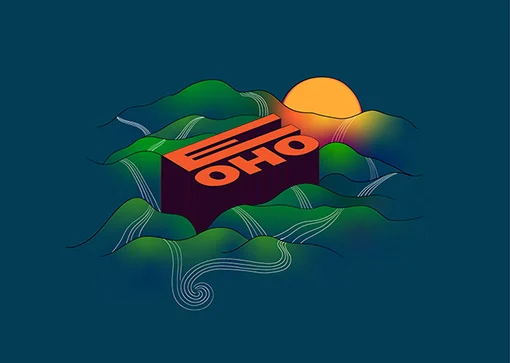 The words 'E OHO' in block text lying on a mountain range with the sun on the horizon.