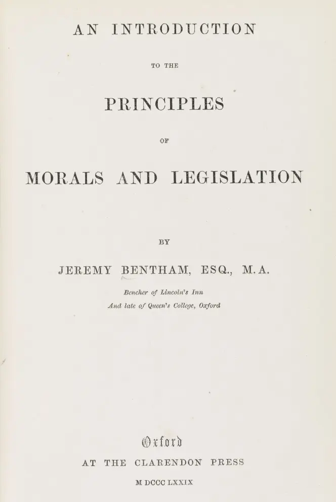 Title page of Jeremy Bentham's An introduction to the principles of morals and legislation.