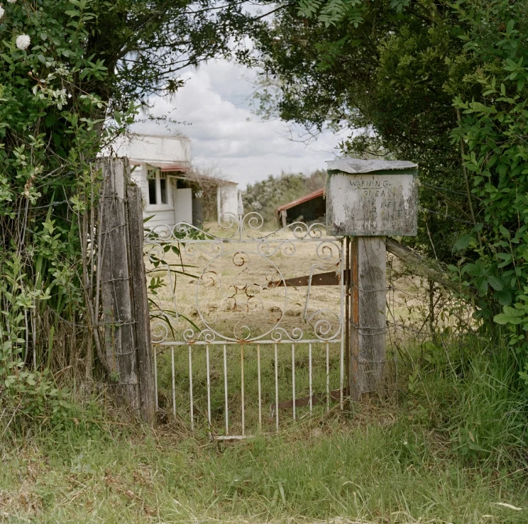 A view past a rusty old gate overgrown with weeds to a dilapidated wooden house and shed.