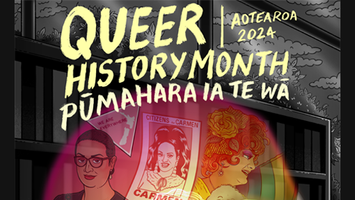 Poster for Queer History Month Aoteaora Pūmahara ia te wā 2024.